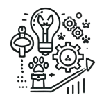 Graphic depicting a light bulb, gears, and a paw print, symbolizing innovation and improvement in dog grooming services at Seattle Canine Club.